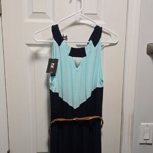 Iz Byer Aqua and Navy Dress with Brown Belt